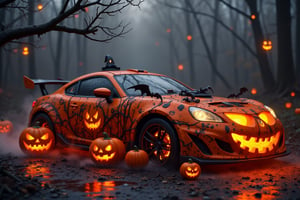 Witches sport car with pumpkin as wheels