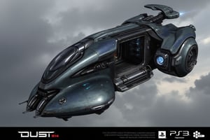 FuturisticWarrior style,, The image is a digital illustration of a futuristic gallente dropship. The gallente dropship is in the center of the image, with its body facing towards the left side of the frame. It has a sleek, metallic design with a pointed nose and a pointed tail. The body of the gallente dropship is covered in a dark grey and black color scheme, with a hint of blue on the side. The cockpit is open, revealing a large circular window with a blue light emanating from it. There are several wires and cables running along the sides of the cockpit, and a large wheel with a circular design on the right side of it. The background is a mix of gray and white clouds, giving the impression of a cloudy sky. The word "DUST514" is written in bold white letters at the bottom of the illustration.