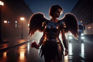 AngelDreamFlux, The image features a woman with angel wings, dressed in a warrior costume, walking down a rain-soaked street at night. She is carrying a glowing rose, which is prominently displayed in her hand. In the background, there is a large truck, possibly a semi, partially visible on the road. The combination of the angel wings, warrior attire, and the truck in the background creates a unique and intriguing scene.