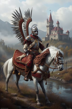 wingedhussarflux style Polish Winged Hussar sitting on a white horse. river and castle in the background