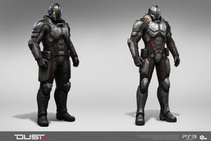 FuturisticWarrior style,, The image is a digital illustration of a futuristic (((minmatar dropsuit))) on the right and (((caldari dropsuit))) on the left. The word "DUST514" is written in bold white letters at the bottom of the illustration.