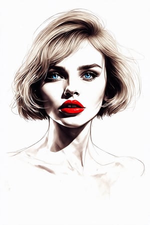 (best quality,8K,highres,masterpiece,raw image), ultra-detailed, pencil Sketch of a woman, with blonde short hair, wavy hair, alluring, portrait in ink drawing, illustrative art, soft lighting, detailed, more Flowing rhythm, elegant, low contrast, add soft blur with thin line, red lipstick, blue eyes, 4K, 8k HD, high quality,(android girl by Carne Griffiths, Conrad Roset, red theme), digital painting, smooth, defined lines, sharp focus, More Detail XL, muted color, pastel color, low contrast,aderekangel