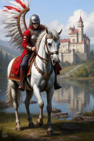 wingedhussarflux style female Polish Winged Hussar staying before  a white horse. river and castle in the background