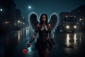 The image features a woman with angel wings, dressed in a warrior costume, walking down a rain-soaked street at night. She is carrying a glowing rose, which is prominently displayed in her hand. In the background, there is a large truck, possibly a semi, partially visible on the road. The combination of the angel wings, warrior attire, and the truck in the background creates a unique and intriguing scene. 8k uhd, dslr, raw, hdr,IllustratorFlux  style