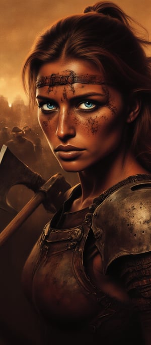 A stunning close-up portrait of a female warrior fighting fiercely with an axe. Her sweaty and dirty skin exudes vigor and boldness, while her sturdy armor, with a band holding her coppery hair in place, adds to her fierce appearance. Her eyes, illuminated with determination, are a striking blue, reflecting the emotional intensity reminiscent of Francisco Goya's work. The background showcases a raging melee battle, highlighting her leadership in the heat of the conflict. This high-definition 16K portrait captures the resilience and courage of a warrior in the face of adversity., photo, portrait photography