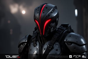 FuturisticWarrior style,, The image is a digital art piece that appears to be a futuristic or sci-fi scene. It shows a close-up of a ((gallente)) assault's head and upper body, with a metallic armor-like appearance. The ((gallente)) assault's face is covered in red eyes, giving it a futuristic and ominous look. The background is a dark, cloudy sky with a hint of smoke or dust. The overall mood of the image is dark and ominous. The word "DUST" is written in white text on the bottom right corner, with the word "EVE" in a larger font size than the rest of the text.