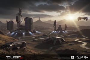 FuturisticWarrior style,, The image is a digital illustration of a futuristic landscape. It shows a vast expanse of barren land with a mountain range in the background. The sky is filled with dark clouds and the sun is setting, casting a warm glow over the scene.

In the center of the image, there is a large, futuristic structure with multiple levels and intricate details. The structure appears to be made of metal and has a metallic sheen. It has multiple arms and legs, and a large dome-like structure on top. On the right side of the structure, there are two smaller structures, one with a pointed nose and the other with a curved nose. The structures are connected by a series of wires and cables, and there are several smaller structures scattered throughout the landscape, including a large building on the left side and a smaller building in the center. On top of the buildings, there appears to have multiple antennas and antennas attached to it, and on the bottom right side, there seems to be  a dropship flying over the landscape. The image also has the word "DUST" written in bold letters at the bottom, along with the PlayStation 3 logo.