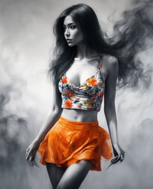 Half body, charcoal, A portrait of a beautiful young Thai woman painted with the delicate technique of Chinese alcohol ink. She is wearing a cool summer floral undershirt, with long flowing hair, and a small skirt with a bright orange color that shows off her legs. This is a full-body close-up, emphasizing her beautiful figure and the white porcelain texture of her skin. She stands quietly in the crowd, surrounded by a mysterious smoke. The painting is dominated by vivid colors, realistic techniques, and cinematic lighting effects. The ink-play technique emphasizes the dynamism and tension of the painting, creating a lively yet mysterious and violent atmosphere., alcochse