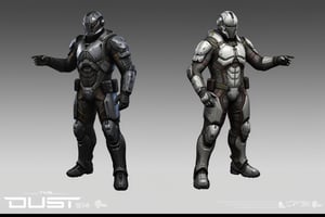 FuturisticWarrior style,, The image is a digital illustration of a futuristic (((minmatar dropsuit))) on the right and (((caldari dropsuit))) on the left. The word "DUST514" is written in bold white letters at the bottom of the illustration.