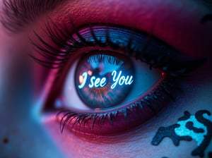 (Hyperrealism), (Premium Quality), A hyper-detailed macro close-up of an eye, where the lens and iris clearly reflect a neon sign with the (text "I see You"). The eye features beautiful enhanced eyelashes and an eyelid adorned with fantasy makeup and bioluminescent tattoos. The scene is rendered in razor-sharp HDR and UHD 8k, showcasing the intricate details and vibrant colors of the eye, makeup, and tattoos.
