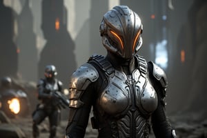 FuturisticWarrior style,,This image portrays (((amarr haevy))), heavily armored in a high-tech, metallic exosuit. (((gallente dropship ))) in the background