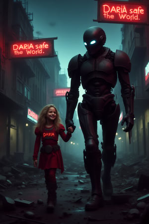 Photo. A rundown cyberpunk city street at night with broken neon signs *Daria safe the World* and rubble. A little girl is walking. She has long blonde wavy hair and she is wearing a red armored suit with technology and a vital signs *DARIA* display. She is holding hands with her guardian who is a dark metal robot which is slightly worn. She is smiling at her guardian. The robot is armed with futuristic weapons so it can keep the little girl safe. It looks like the robot is smiling back at the girl with its glowing visor.