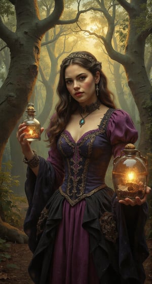  A majestic of very beautiful woman, spotlighting the ornate details of her purple and black attire, radiates confidence amidst an enchanted forest bathed in soft golden light. In her cute hand Potion bottle. The potion is illuminated with warm lighting, creating a magical atmosphere. Her striking features, including long hair flowing like moonlit rivulets, command attention as towering trees loom in the background, their twisted branches weaving a hypnotic dance of twigs and leaves. oil painting, A Mystical Feature