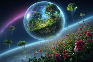 A lush planet teeming with vibrant flora. Countless flowers in full bloom cover its surface - roses, tulips, orchids, and alien blossoms in iridescent colors. Towering trees with bioluminescent leaves reach towards the sky. Orbiting the planet, a massive glass terrarium floats in space. Its geodesic structure reflects starlight. Inside, a miniature ecosystem thrives with rare plants and tiny creatures. Tendrils of mist swirl within. The planet's atmosphere shimmers with pollen and spores. Floating islands covered in hanging gardens drift by. A rainbow aurora dances in the background,hyperrealistic