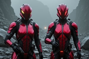 FuturisticWarrior style,, The image shows two futuristic aderian assaults standing side by side, facing each other. They are both wearing red armor with intricate patterns and designs. The aderian assault armor appears to be made of metal and has a shiny, metallic finish. The aderian assaults are standing in a rocky area with large rocks and debris scattered around them. The sky is overcast and the overall mood of the image is dark and ominous. The aderian assault on the left is facing away from the camera, while the aderian assault in the middle is facing towards the right. Both aderian assaults have a serious expression on their faces.