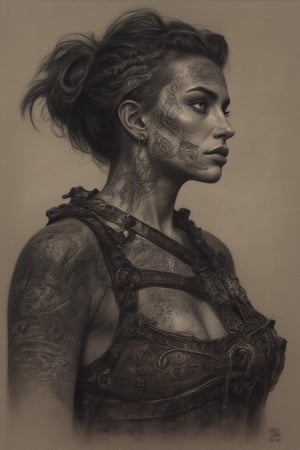 art by Masamune Shirow,art by boris vallejo, art by tavita niko, art by simon bisley, a full facial tattoo, a masterpiece, stunning beauty, shaved hair, tribal viking motifs, hair in braids, facial piercings, earrings, a proud viking warrior, 