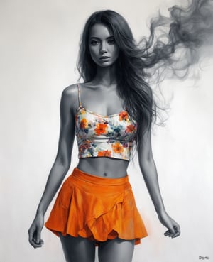 Caldari, charcoal, A portrait of a beautiful young Thai woman painted with the delicate technique of Chinese alcohol ink. She is wearing a cool summer floral undershirt, with long flowing hair, and a small skirt with a bright orange color that shows off her legs. This is a full-body close-up, emphasizing her beautiful figure and the white porcelain texture of her skin. She stands quietly in the crowd, surrounded by a mysterious smoke. The painting is dominated by vivid colors, realistic techniques, and cinematic lighting effects. The ink-play technique emphasizes the dynamism and tension of the painting, creating a lively yet mysterious and violent atmosphere., alcochse