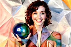 (woman with magical orb:1.3) painted in (Gotye-feat-Kimbra-Somebody style:0.6),  (bblonde)  tight pigtail freckled  hair, smile, happy,from behind,  