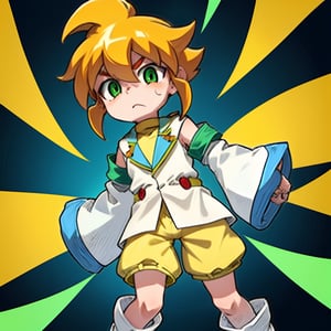 yutendo, 1boy, yellow shirt, white tunic (sky blue sleeve ends), green eyes, orange hair, fluffy hair, pale skin, white shorts (knee-length), lapels with lime green markings, white boots,apathetic face, looking atviewer, best quality, amazing quality Desnudo,