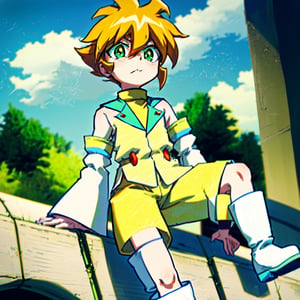 yutendo, 1boy, yellow shirt, white tunic (sky blue sleeve ends), green eyes, orange hair, fluffy hair, pale skin, white shorts (knee-length), lapels with lime green markings, white boots,apathetic face, looking atviewer, best quality, amazing quality