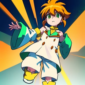 yutendo, 1boy, yellow shirt, white tunic (sky blue sleeve ends), green eyes, orange hair, fluffy hair, pale skin, white shorts (knee-length), lapels with lime green markings, white boots,apathetic face, looking atviewer, best quality, amazing quality Desnudo,