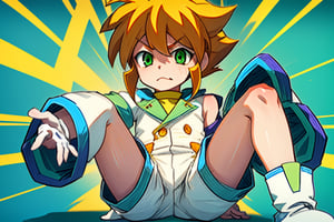 yutendo, 1boy, yellow shirt, white tunic (sky blue sleeve ends), green eyes, orange hair, fluffy hair, pale skin, white shorts (knee-length), lapels with lime green markings, white boots,apathetic face, looking atviewer, best quality, amazing quality Sexo , Gay ,