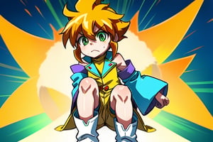 yutendo, 1boy, yellow shirt, white tunic (sky blue sleeve ends), green eyes, orange hair, fluffy hair, pale skin, white shorts (knee-length), lapels with lime green markings, white boots,apathetic face, looking atviewer, best quality, amazing quality Sexo , Gay ,