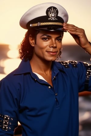 Photo of MJBAD87 Michael Jackson 1987 man  beauty clear blue outfit inside ocean navy helmet aboard sailor  sunset looking front saluting smirk 4K