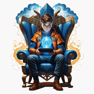 A BOY  GAMER sitting in an arm GAMING CHAIR HOLDING A GAME PAD , SCIENTIFIC DRESS UP a formidable creature with sparks and power centered, symmetry, painted, intricate, volumetric BLUE CLOUD AND lighting, beautiful, rich deep colors masterpiece, sharp focus, ultra detailed, in the style of dan mumford and marc simonetti, astrophotography from Irish Celtic mythology - with a metallic GOLDEN orange, insanely detailed, 4k, trending on artstation, trending on artstation, sharp focus, studio photo, intricate details, highly detailed, by greg rutkowski, trending on artstation, intricate details, highly detailed, by greg rutkowski, WHITE BACKROUND, t- shirt design, bold drawing lines, define lines, highly detailed, creative illustration of an intricat medieval, 4k, digital painting, vector, color pallete of red, orange,WHITE,  blue bright color, fantasy art definition, intricat details, centered isometrict, logo style, tattoo designs, white backround