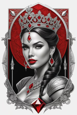 T-SHIRT DESIGN, BOLD DRAWING PEN AND INK,DETAILED LINES,A photorealistic and fantasy image of the  Beautiful woman with a custom of Queen of DIAMOND, red lipstick, crupie,  By Rodrigo, trending on artstation, sharp focus, studio photo, intricate details, highly detailed, by greg rutkowski ,insanely detailed, 4k, trending on artstation, trending on artstation, sharp focus, studio photo, intricate details, highly detailed, by greg rutkowski, trending on artstation, intricate details, highly detailed, by greg rutkowski, WHITE BACKROUND,t- shirt design, bold drawing lines, define lines,highly detailed, creative illustration of an intricat misometrict , logo style , white backround