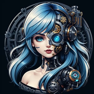Futuristic Mechanical Elegance T-shirt design cyberpunk art, cute girl beautiful LADY, WHITE face, half body ILLUSTRATION with robotic steampunk design for old-school style tattoos, blue HAIR, black BACKROUND, logo type , centred isometric 