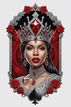 T-SHIRT DESIGN, BOLD DRAWING PEN AND INK,DETAILED LINES,A photorealistic and fantasy image of the  Beautiful BLACK woman with a custom of Queen of SPADE, red lipstick, crupie,  By Rodrigo, trending on artstation, sharp focus, studio photo, intricate details, highly detailed, by greg rutkowski ,insanely detailed, 4k, trending on artstation, trending on artstation, sharp focus, studio photo, intricate details, highly detailed, by greg rutkowski, trending on artstation, intricate details, highly detailed, by greg rutkowski, WHITE BACKROUND,t- shirt design, bold drawing lines, define lines,highly detailed, creative illustration of an intricat misometrict , logo style , white backround