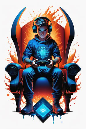 t-shirt design , bold drawing pen and ink, detiled lines, bold lines , image of A cute BOY  GAMER sitting in an arm GAMING CHAIR HOLDING A GAME PAD WEARING HEAD SET , SCIENTIFIC DRESS UP a formidable creature with sparks and power centered, symmetry, painted, intricate, volumetric BLUE CLOUD , SPLASH ART, beautiful, rich deep colors masterpiece, sharp focus, ultra detailed, in the style of dan mumford and marc simonetti,  , insanely detailed, 4k, trending on artstation, trending on artstation, sharp focus, studio photo, intricate details, highly detailed, by greg rutkowski, trending on artstation, intricate details, highly detailed, by greg rutkowski, WHITE BACKROUND, t- shirt design, bold drawing lines, define lines, highly detailed, creative illustration of an intricat medieval, 4k, digital painting, vector, color pallete of red, orange,WHITE,  blue bright color, fantasy art definition, intricat details, centered isometrict, logo style, tattoo designs, white backround