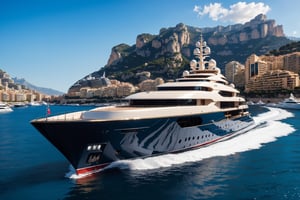  photograph of 512 feet long mega yacht in monaco marina, cool, full yacht in frame, long yacht, highly detaited, 8k, 1000mp, ultra sharp, master peice, realistic, detailed exterior, 4k body, 4k detailed, beautiful skyline scenery, realism, realistic yacht, 