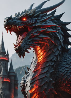 giant monstrous dragon, movie, cool, red glowing eyes (masterpiece), (extremely complex: 1.3), highly detaited, 8k, 1000mp, ultra sharp, realistic, detailed body, 4k body, 4k detailed, beautiful lighting, fully body in frame, castle,