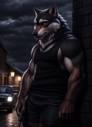 sad, drunk, depressed, realistic, anthropomorphic, muscular, anthro wolf with tail, yellow eyes, furry tail furry, (by personalami:0.5), zcik, (soft shading), 4k, hi res, detailed eyes, 8k eyes, eyes focus, colorful eyes, sweat, long tails, muscular, handsome, tails shown, anthro males in the background shown clearly, depressed expression, bruises on arms, standing in front of bench, gripping gun in hand, thinking about something, rain pouring down, eerie weather, tears from eyes, tank top, shorts, red face blush 