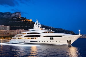 masterpiece, best quality, Wide angle product ultra detailed photo of a 156 meter super yacht in monaco. The yacht is ultra realistic. the weather is overcast, perfect simetry, ultra shaper, 35mm photography, professional, 8k, highly detailed, extremely realistic., Movie still, night time, blue led yacht lights, 3 levels only, helipad on back deck with helicopter shown static 
