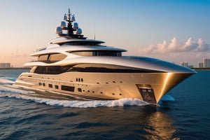 RAW photograph of mega yacht in Miami, cool, asthetic, ,full yacht in frame, full yacht in picture, by lurssen yachts, Dilbar logo, highly detaited, 8k, 1000mp,ultra sharp, master peice, realistic, detailed exterior, 4k body, 4k detailed, beautiful lighting, 