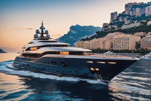  photograph of 512 feet super yacht in monaco, cool, ,full yacht in frame, highly detaited, 8k, 1000mp, ultra sharp, master peice, realistic, detailed exterior, 4k body, 4k detailed, beautiful skyline scenery, realism, realistic yacht, 