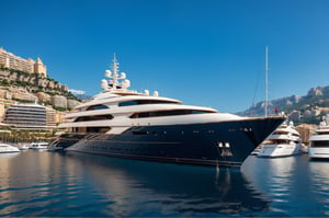  photograph of 512 feet long mega yacht in monaco marina, cool, full yacht in frame, long yacht, highly detaited, 8k, 1000mp, ultra sharp, master peice, realistic, detailed exterior, 4k body, 4k detailed, beautiful skyline scenery, realism, realistic yacht, 