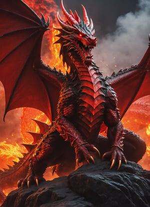 ((giant monstrous 3 headed red dragon)), movie scene, knight fighting dragon, lava, flaming tail, lava sputtering from ground, cool, red glowing eyes (masterpiece), (extremely complex: 1.3), highly detaited, 8k, 1000mp, ultra sharp, realistic, detailed body, 4k body, 4k detailed, beautiful lighting, (fully body in frame), castle,