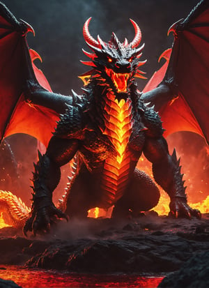 ((giant monstrous 3 headed red dragon)), movie scene, knight fighting dragon, lava, flaming tail, lava sputtering from ground, cool, red glowing eyes (masterpiece), (extremely complex: 1.3), highly detaited, 8k, 1000mp, ultra sharp, realistic, detailed body, 4k body, 4k detailed, beautiful lighting, (fully body in frame), castle,