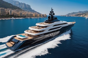  photograph of 512 feet long super yacht in monaco, cool, full yacht in frame, long yacht, highly detaited, 8k, 1000mp, ultra sharp, master peice, realistic, detailed exterior, 4k body, 4k detailed, beautiful skyline scenery, realism, realistic yacht, 