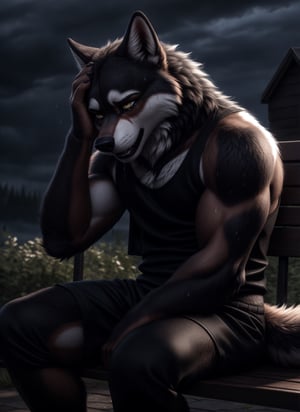 sad, depressed, realistic, anthropomorphic, muscular, anthro wolf with tail, yellow eyes, furry tail furry, (by personalami:0.5), zcik, (soft shading), 4k, hi res, detailed eyes, 8k eyes, eyes focus, colorful eyes, sweat, long tails, muscular, handsome, tails shown, anthro males in the background shown clearly, depressed expression, bruises on arms, sitting on bench, holding hand to head, suicidal thoughts, rain pouring down, eerie weather, tears from eyes, white tank top, black shorts, face blush, crying out in pain, open mouth, pain from a broken heart,