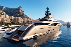 156m long mega yacht docked in monaco marina, cool, full yacht in frame, long yacht, highly detaited, 8k, 1000mp, ultra sharp, master peice, realistic, detailed exterior, 4k body, 4k detailed, beautiful skyline scenery, realism, realistic yacht, 