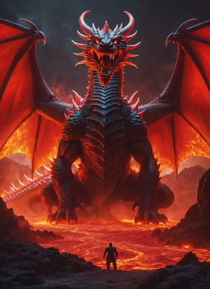 giant monstrous 3 headed red dragon, movie scene, lava, flaming tail, lava sputtering from ground, cool, red glowing eyes (masterpiece), (extremely complex: 1.3), highly detaited, 8k, 1000mp, ultra sharp, realistic, detailed body, 4k body, 4k detailed, beautiful lighting, (fully body in frame), castle,