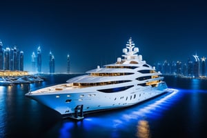 masterpiece, best quality, Wide angle product ultra detailed photo of a 156 meter super yacht docked in dubai marina. The yacht is ultra realistic. the weather is overcast, perfect simetry, ultra shaper, 35mm photography, professional, 8k, highly detailed, extremely realistic., Movie still, night time, blue led yacht lights in water, 3 levels only, helipad with helicopter shown static ,Extremely Realistic,Movie Still