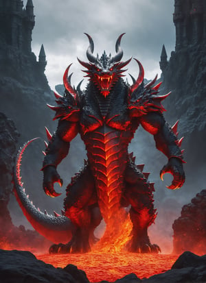 giant monstrous 3 headed red dragon, movie scene, knight fighting dragon, lava, flaming tail, lava sputtering from ground, cool, red glowing eyes (masterpiece), (extremely complex: 1.3), highly detaited, 8k, 1000mp, ultra sharp, realistic, detailed body, 4k body, 4k detailed, beautiful lighting, (fully body in frame), castle,