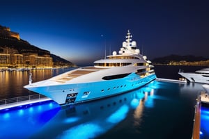 masterpiece, best quality, Wide angle product ultra detailed photo of a 156 meter super yacht docked in monaco . The yacht is ultra realistic. the weather is overcast, perfect simetry, ultra shaper, 35mm photography, professional, 8k, highly detailed, extremely realistic., Movie still, night time, blue led yacht lights in water, 3 levels only, helipad with helicopter shown static 