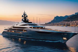  photograph of 512 feet super yacht in monaco, cool, ,full yacht in frame, highly detaited, 8k, 1000mp, ultra sharp, master peice, realistic, detailed exterior, 4k body, 4k detailed, beautiful skyline scenery, realism, realistic yacht, 